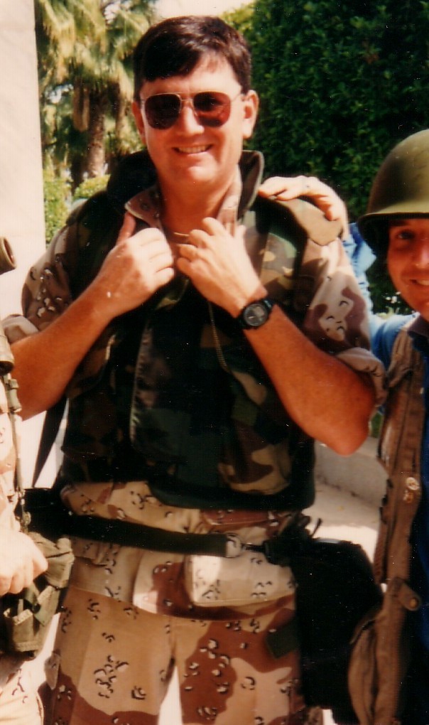 Then NBC war correspondent Kerry Sanders and Commander Chris Haskell somewhere near Dhahran, Saudi Arabia, 1991